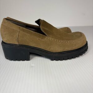 Vintage 90s Predictions Tan Suede Slip-On Loafers Sz6 Chunky Lug Sole